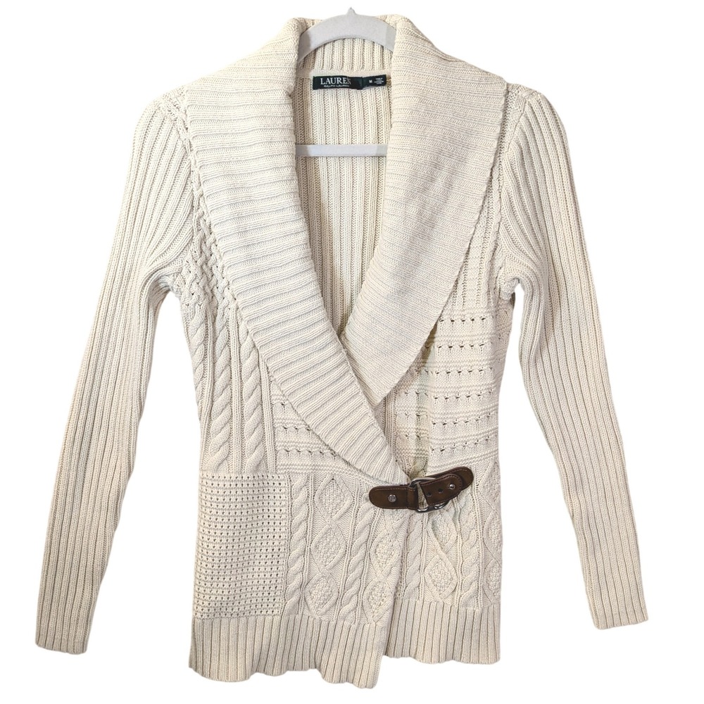 Lauren Ralph Lauren Cable Knit Belted Cardigan Ivory Shawl Collar M Preppy